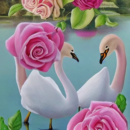 Prompt: swans and pastel roses in the style of salvador dali