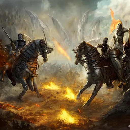 Prompt: war torn medieval battlefield, figures fighting in the distance, gleaming knights in resplendent armour locked in battle against dragons spewing fire, dnd, fantasy, high quality, high definition, concept art, smooth