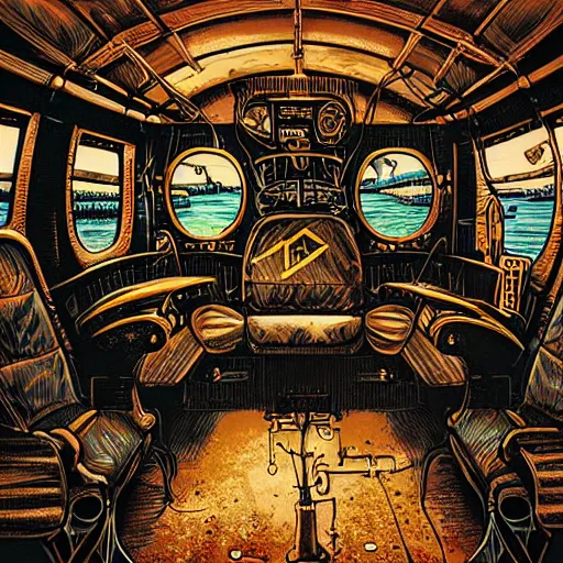 Prompt: intricate detailed victorian golf interior of submarine, pipes, captain, by peter mohrnacher and dan mumford, chsociety