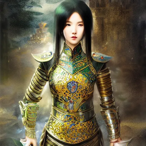 Image similar to portrait black hair young knights of Dynasty Warriors girl, metallic green armor, in ruin fire chinese palace sunrise, ssci-fi and fantasy, intricate and very beautiful and elegant, highly detailed, digital painting, soft light, artstation, concept art, smooth and sharp focus, illustration, art by tian zi and WLOP and alphonse mucha