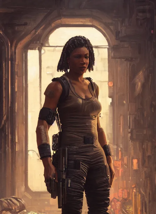 Image similar to maria igwe. cyberpunk mercenary wearing a military vest and combat jumpsuit. (Cyberpunk 2077, bladerunner 2049). Iranian orientalist portrait by john william waterhouse and Edwin Longsden Long and Theodore Ralli and Nasreddine Dinet, oil on canvas. Cinematic, hyper realism, realistic proportions, dramatic lighting, high detail 4k