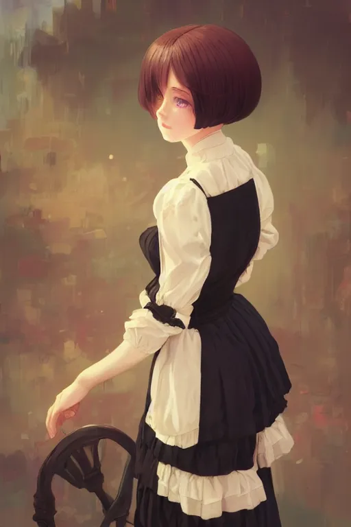 Image similar to a portrait of a cute young woman in a Victorian maid outfit with black bob cut hair, steampunk setting, vivid colors, soft lighting, atmospheric, cinematic, moody, in the style of Ilya Kuvshinov and Range Murata, Krenz Cushart, oil on canvas, 8k