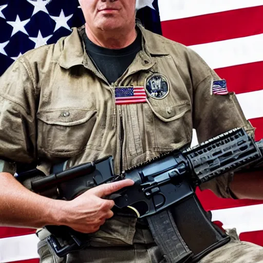 Prompt: kitting holding ar-15 sitting on throne of guns, american flag behind, burning