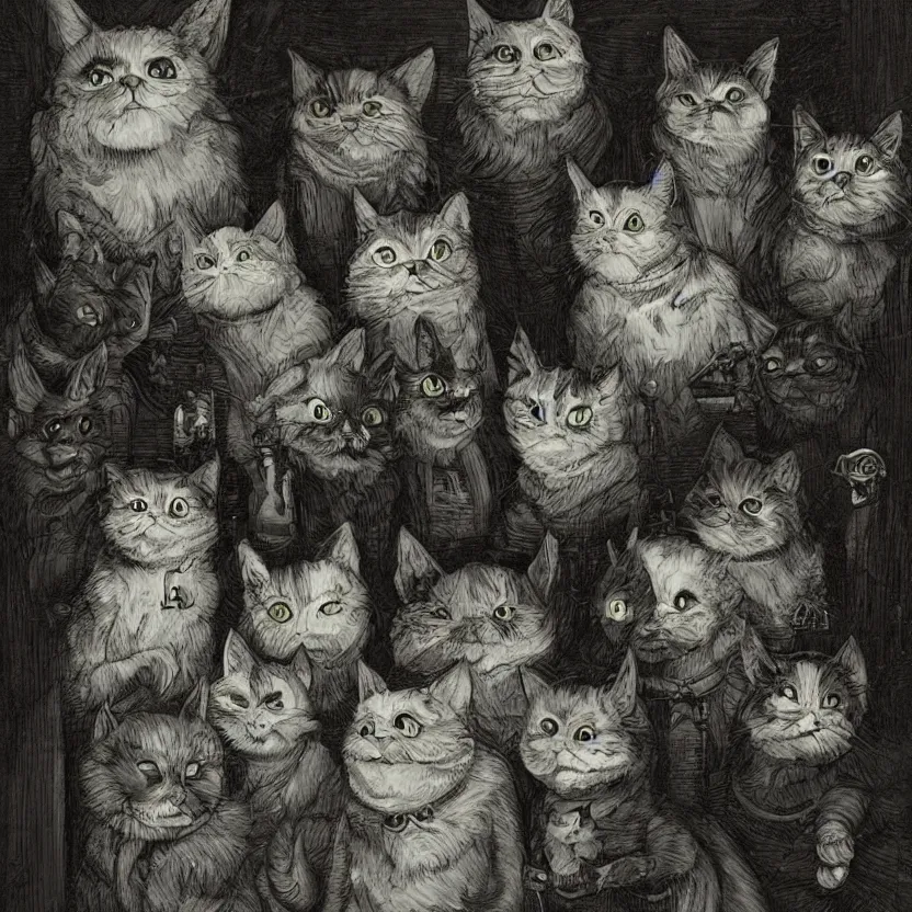 Image similar to a bunch of lovecraftian horror cats staring at you sitting in a dark victorian alley, uplight