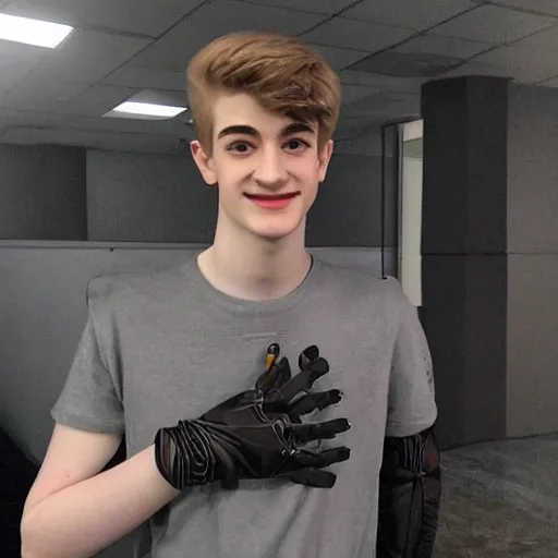 Image similar to “a realistic detailed photo of a guy who is an attractive humanoid who is half robot and half humanoid, who is a male android, twitch streamer Ninja Tyler Blevins, shiny skin, posing like a statue, blank stare”