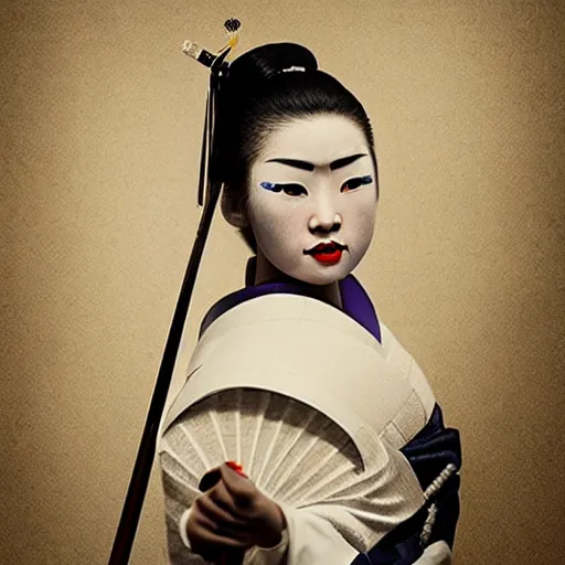 Image similar to geisha as a samurai, in battle, advertising photography