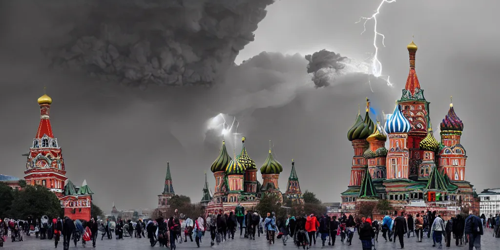 Prompt: a massive nuclear strike on Red Square Kremlin, nuclear mushroom, lots of fire and clubs of smoke, dark atmosphere, St Basil Cathedral is destroyed, cloudy weather, lightning, epic lighting, high detailed, 4k post-processing highly detailed, shot on Leica, 35 mm