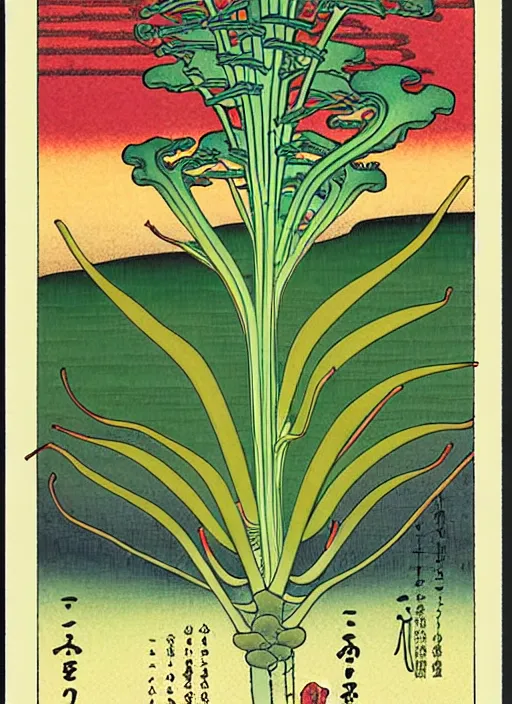 Prompt: fantasy scientific botanical trading card illustration of a colorful carnivore plant in the desert ,Ukiyo-e, isometric view, diego rivera