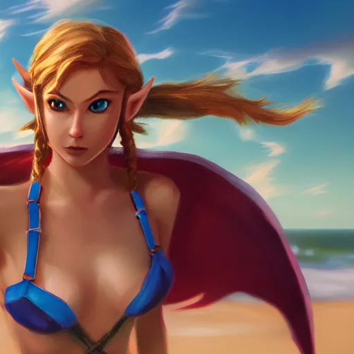 Prompt: a hyper real comic book style portait painting of zelda on the beach walking to the ocean, unreal 5, hyperrealistic, octane render, cosplay, rpg portrait, dynamic lighting