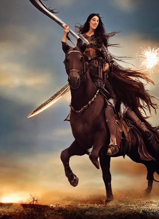 Image similar to monica bellucci riding a giant stallion, dressed in fantasy garb like in Dino De Laurentis Conan movie, with lighting shooting out of the blade destroying hoards of vikings, realistic, 4k