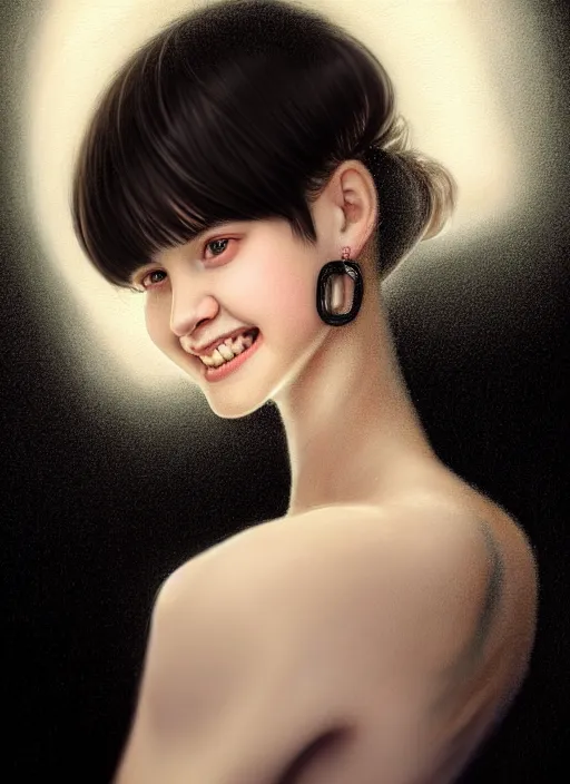 Image similar to portrait of white teenage girl, narrow face, short black hair, bangs, half updo hairstyle, buck toothed big smile, unattractive, defined jawline, long chin, wearing hair bow, earrings, intricate, elegant, glowing lights, highly detailed, digital painting, artstation, sharp focus, illustration, art by wlop, mars ravelo and greg rutkowski