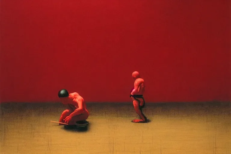 Image similar to only with red, a red samurai do seppuku, tokio, a lot of frogs watch, in the style of beksinski, parts by edward hopper, parts by rodcenko, parts by yue minjun, intricate and epic composition, red by caravaggio, insanely quality, highly detailed, masterpiece, red light, artstation, 4 k