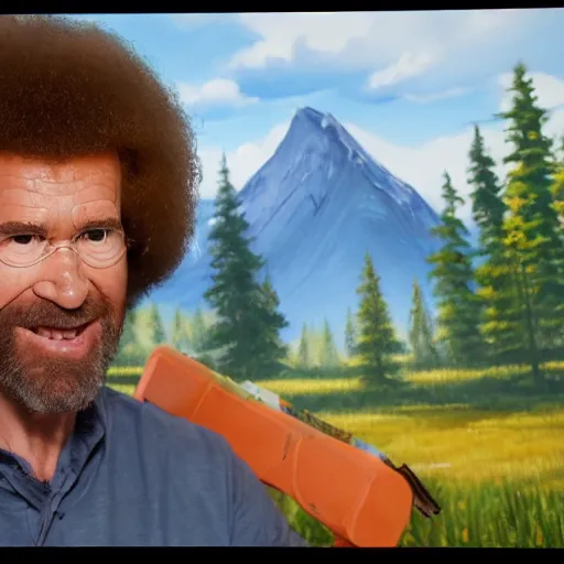 Image similar to a closeup photorealistic photograph of bob ross working on a canvas painting of deadpool. film still. brightly lit scene. mountains and trees. this 4 k hd image is trending on artstation, featured on behance, well - rendered, extra crisp, features intricate detail, epic composition and the style of unreal engine.