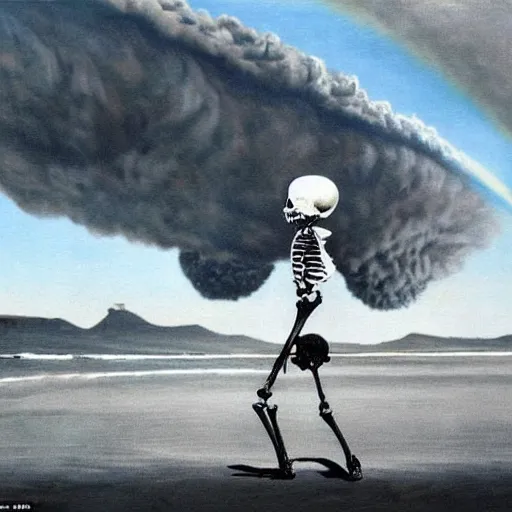 Image similar to a skeleton walking on a beach next to the ocean, nuclear bomb explosion in the background, a surrealist painting by Storm Thorgerson, featured on cg society, nuclear art, surrealist, apocalypse landscape, chillwave