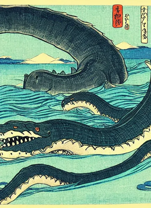 Image similar to the loch ness monster, plesiosaur, as a yokai illustrated by kawanabe kyosai and toriyama sekien