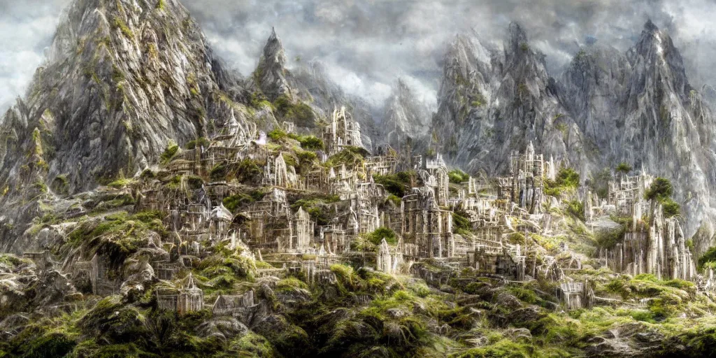 Prompt: an elven city built into the side of a mountain, pristine, by alan lee, lord of the rings, smooth, detailed terrain, oil painting, matte painting, concept art, trending on artstation