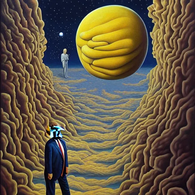 Image similar to an oil on canvas portrait painting of trump, surrealism, surrealist, cosmic horror, rob gonsalves, high detail
