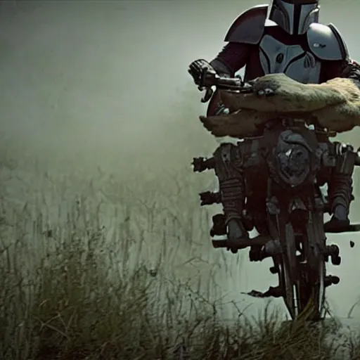 Image similar to mandalorian riding speeder bike through swamp, eerie, emotional, stunning cinematography, light diffusion