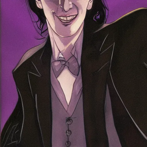 Image similar to A portrait of the character, Desire, a tall smiling androgyne with black hair and a pinstripe suit, Vertigo Comics, The Sandman written by Neil Gaiman, against a stormy purple sky