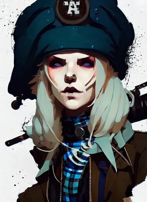 Image similar to highly detailed closeup portrait of a sewer punk lady thief student, tartan vestments, blonde hair by atey ghailan, by greg rutkowski, by greg tocchini, by james gilleard, by joe fenton, by kaethe butcher, gradient, blue, black, brown and cream color scheme, grunge aesthetic!!! white graffiti tag wall background