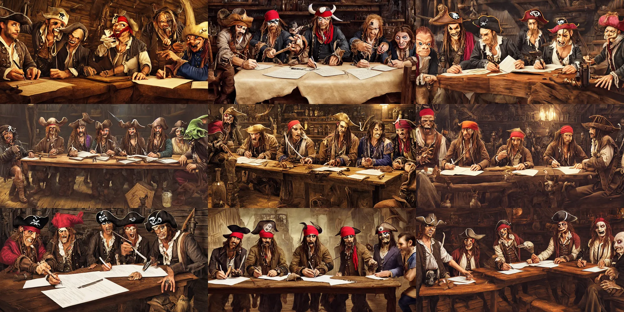 Prompt: pirate with a bandanna, goblin with a big nose, and a vampire signing a contract in a saloon, hyperrealism, 8 k, intricate