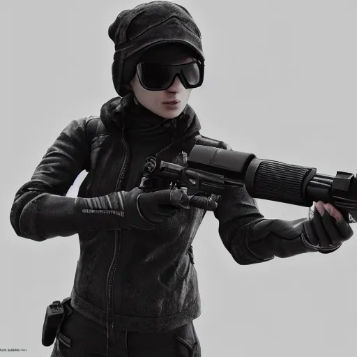 Prompt: photograph of a techwear mixed young woman holding a Gun, detailed, artstation, concept art, Unreal Engine 5 render, 8K