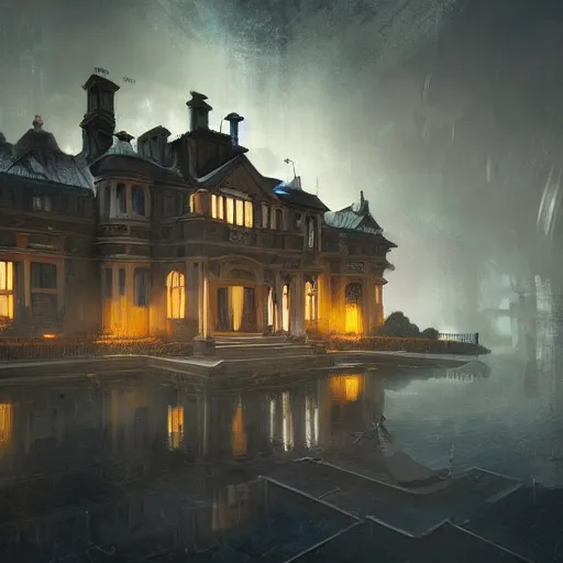 Image similar to futuristic old manor, crisp, artstation, luxury, beautiful, dim painterly lighting aquatic, 3 d concept art