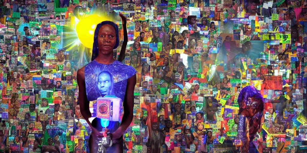 Image similar to robot of Ajegunle slums of Lagos inside African Jesus Christ about beauty surrounding a large UFO with neon ray of light, magazine collage,