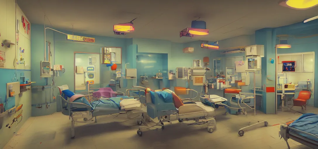 Prompt: retro hospital, colorful, 8 k photorealistic, hd, high details, trending on artstation