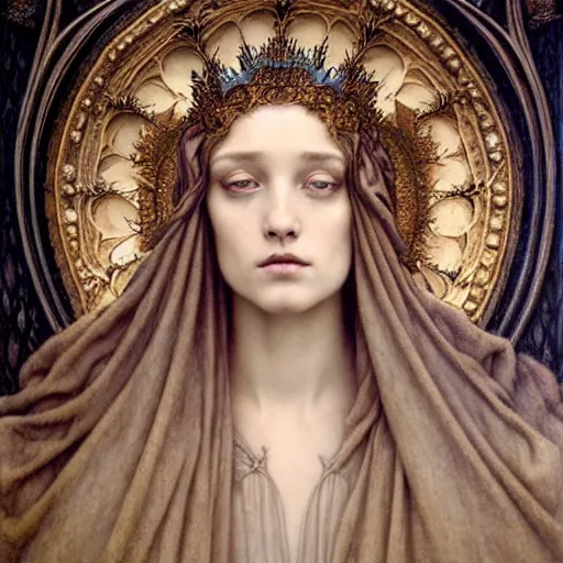 Image similar to detailed realistic beautiful young medieval queen face portrait by jean delville, tom bagshaw, brooke shaden, gustave dore and marco mazzoni, art nouveau, symbolist, visionary, gothic, pre - raphaelite, ornate gilded medieval icon, surreality, ethereal, unearthly, haunting, celestial, neo - gothic, ghostly
