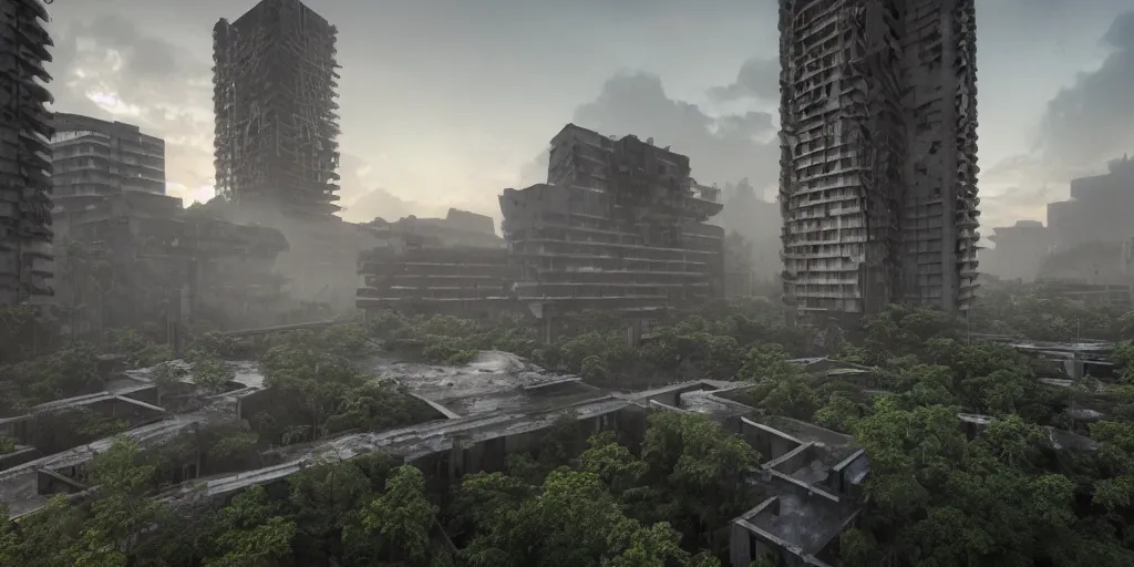 Image similar to an extremely detailed building, brutalist architecture, streetscapes, surrounded by lush green forest and murky ponds of water, stunning volumetric lighting, sunset, rusted steel, smooth solid concrete, stunning skies, trending on Artstation, 8k, photorealistic, hyper detailed, unreal engine 5, IMAX quality, cinematic, epic lighting, in the style of the game DOOM, by Greg Rutkowski