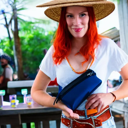 Image similar to DJ at a party, DJ is a young red headed woman and is wearing a straw hat and a fanny pack, beautiful, artistic, belt bag, wide hat