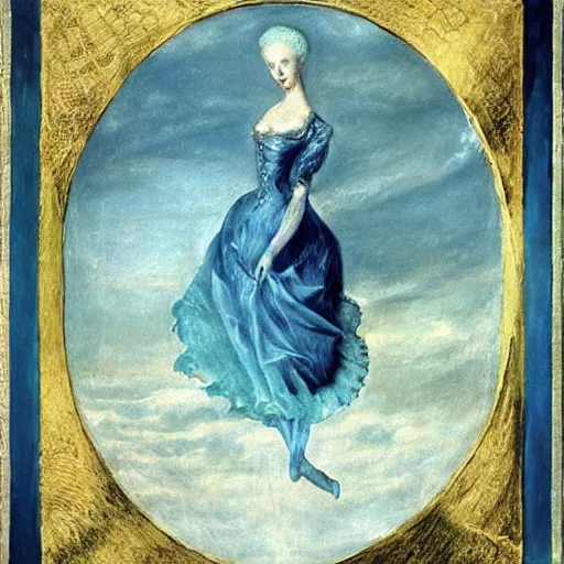 Image similar to Marie Antoinette levitating over the sea. El Greco, Remedios Varo, Salvador Dali, Carl Gustav Carus, John Atkinson Grimshaw. Blue tint. Symetrical, logo, geometric shapes.