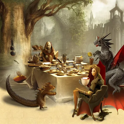 Prompt: matte painting of dragon slayer ornstein having a tea party with squirrels