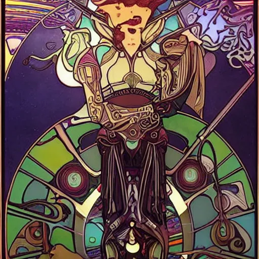 Prompt: solarpunk art nouveau space skyship mechanical trade caravan by magic the gathering cinematography by alphonse mucha