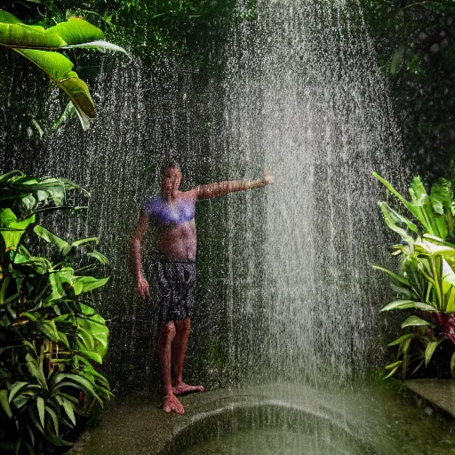 Image similar to 4 k hdr full body wide angle sony portrait of two ronald reagans showering in a tropical bali jungle shower with moody stormy overcast lighting