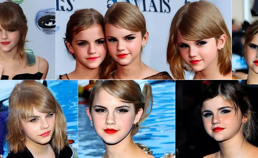 Image similar to emma watson and taylor swift and selena gomez swim together. perfect faces.