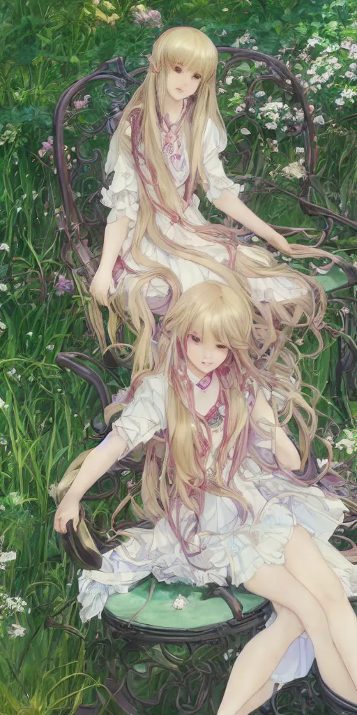 Image similar to a digital art of a loli with long hair in a dress sitting on a garden chair in the privet garden at after noon, green and warm theme, back lighting, by krenz cushart and mucha and akihito yoshida and greg rutkowski and makoto shinkai, extremely long shot, detailed eyes, 4 k resolution, trending on art station