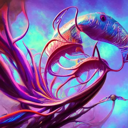 Prompt: fantasy art hyper realistic ai created interesting bizarre subconscious of flamboyant cuttlefish with fractal vignette edge fantastic art award winning best ultra detailed magnificent