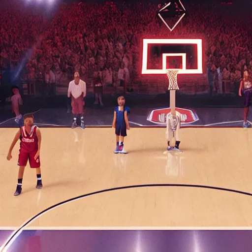 Prompt: eleven from stranger things playing basketball and making a shot in an nba stadium , close up shot, wide angle, lens flares