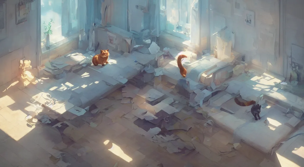 Prompt: cat in a wide room. digital art. artstation. realistic. vibrant. illustration. in the style of pixar movie. octane render. art by makoto shinkai, stanley artgerm lau, wlop, rossdraws. volumetric lighting.