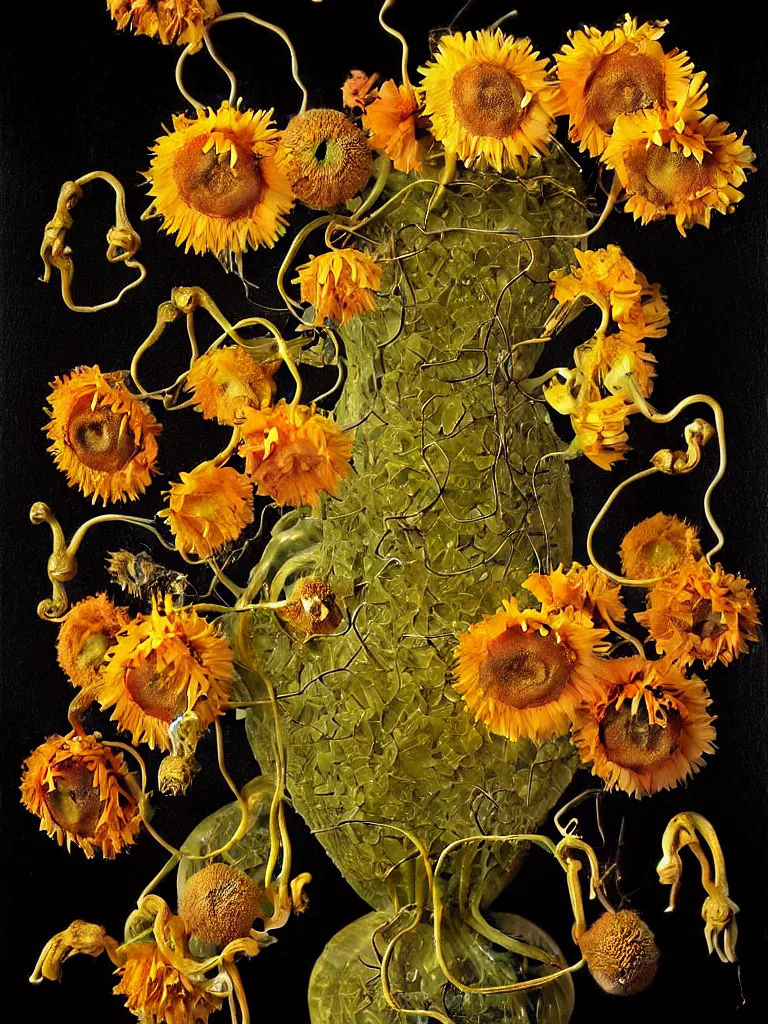 Prompt: dutch golden age bizarre sunflower portrait made from flower floral still life with very detailed nasturtium vines disturbing fractal forms sprouting up everywhere by rachel ruysch black background chiaroscuro dramatic lighting perfect composition high definition 8 k oil painting with black background by christian rex van dali todd schorr of a chiaroscuro portrait recursive masterpiece obscuring features lighting perfect composition