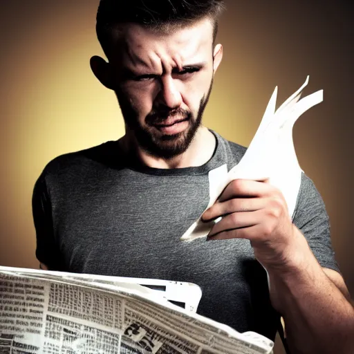 Image similar to professional photographic image of young angry man ripping newspapers, studio shot, dynamic lighting, high definition, highly detailed, photo-realistic, unreal engine render, 16k