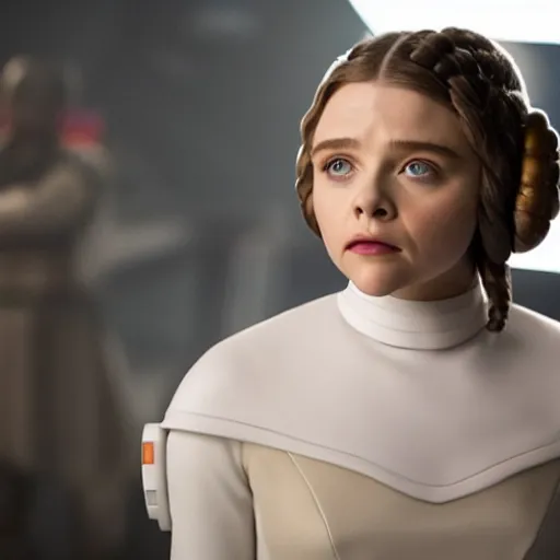 Image similar to Adult Chloe Moretz as Princess Leia, movie scene, XF IQ4, 150MP, 50mm, F1.4, studio lighting, professional, Look at all that detail!, Amazing!, Dolby Vision, UHD