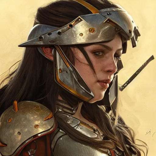 Image similar to front view portrait of a rugged female as a bruised knight with a shield and heavy armor, fantasy, intricate, headshot, highly detailed, digital painting, artstation, concept art, sharp focus, cinematic lighting, illustration, art by artgerm and greg rutkowski, alphonse mucha, cgsociety