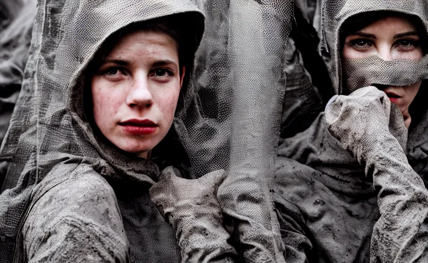 Image similar to cinestill 5 0 d photographic portrait by helen levitt of a group of android women wearing rugged black mesh techwear in a foggy cement maze, extreme closeup, modern cyberpunk, dust storm, 8 k, hd, high resolution, 3 5 mm, f / 3 2, ultra realistic faces, intricate detail, ex machina