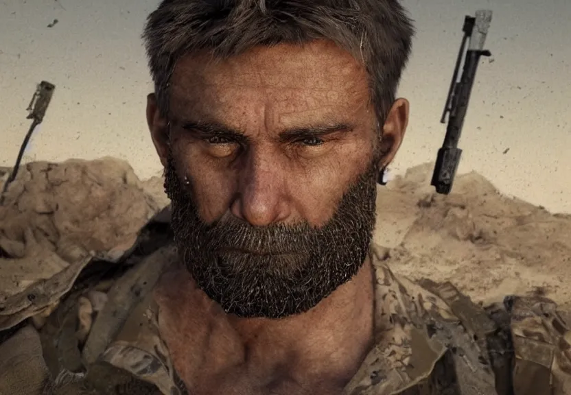 Image similar to portrait of muscular, tired and alcoholic 3 0 - year - ol 5 grieving man with short darkblonde hair, serious sad look in his eyes, looking down, dirty beard, blue eyes, crying tears, wearing dirty soldier uniform, on the desert, sad atmosphere, hyper realistic face, character art, art by mark brooks, cryengine, trending on artstation, digital art