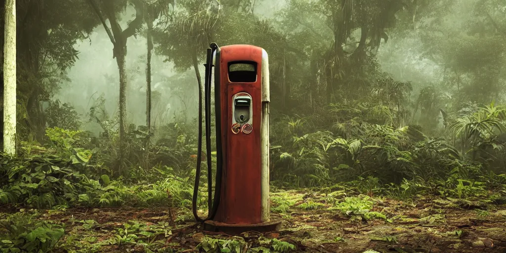 Prompt: old abandoned gas pump somewhere in the rainforest. nature is taking over. matte painting in the style of craig mullins. mist. cinematic. octane render.