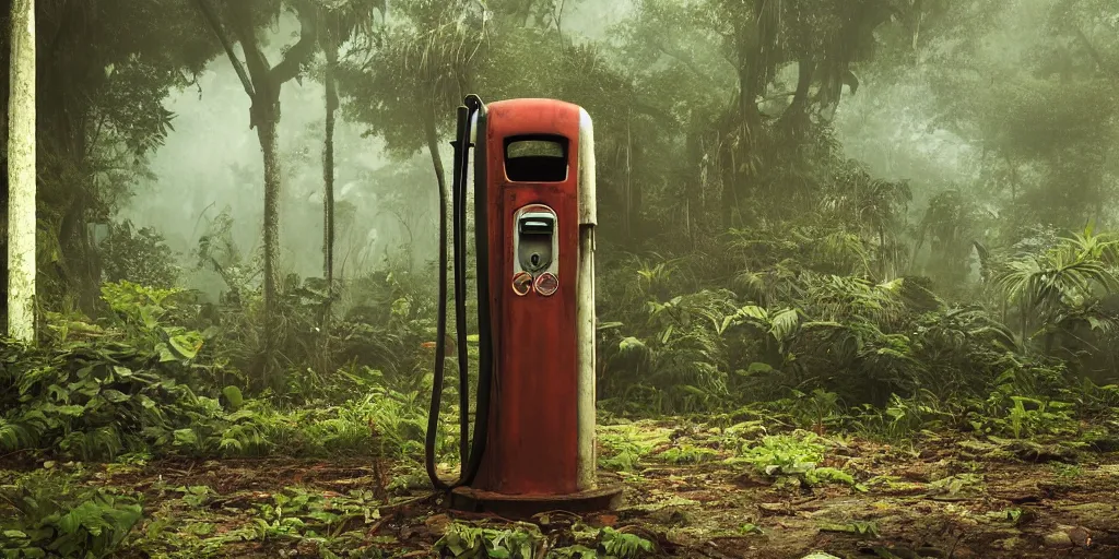 Image similar to old abandoned gas pump somewhere in the rainforest. nature is taking over. matte painting in the style of craig mullins. mist. cinematic. octane render.