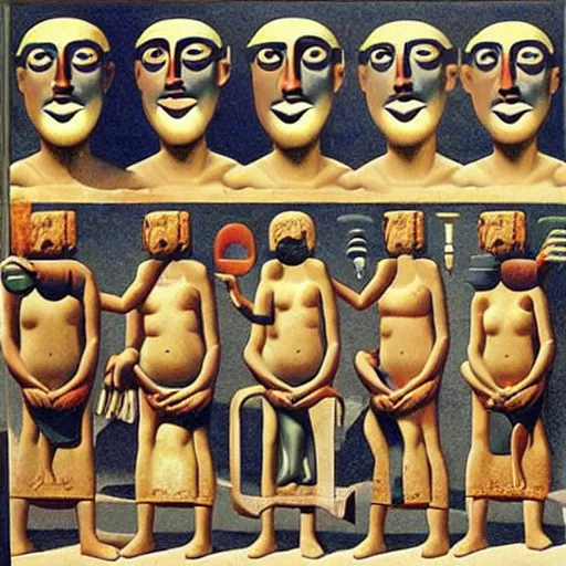 Image similar to Emoji as ancient Mesopotamian gods by Rene Magritte